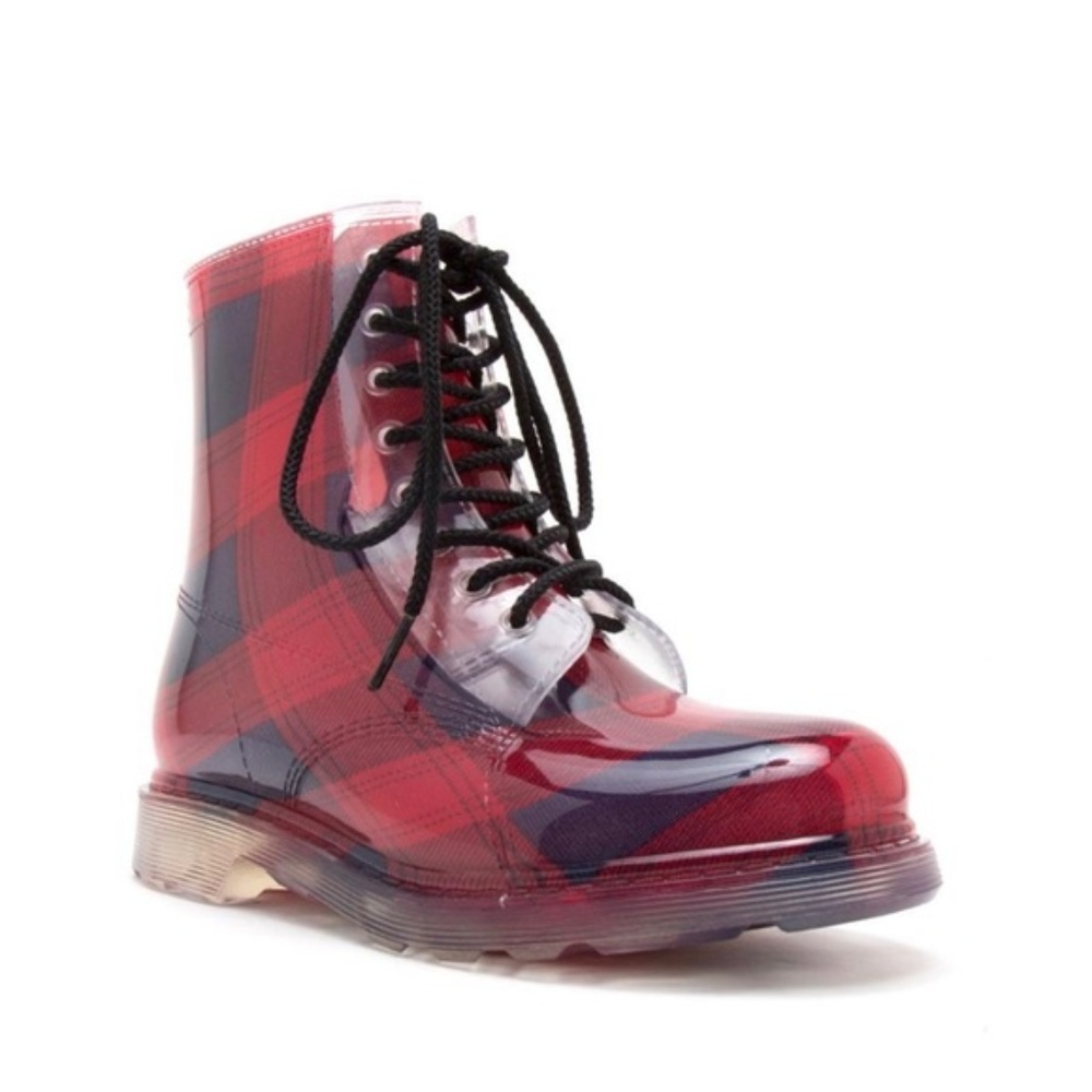 ⭐️ Women's Red Plaid Check Jelly Combat Boots - Picture 2 of 4